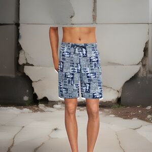 Lands’ End Mens  9” Volley Swim Trunks Shorts Navy Fish Block Print Sz Sm Lined